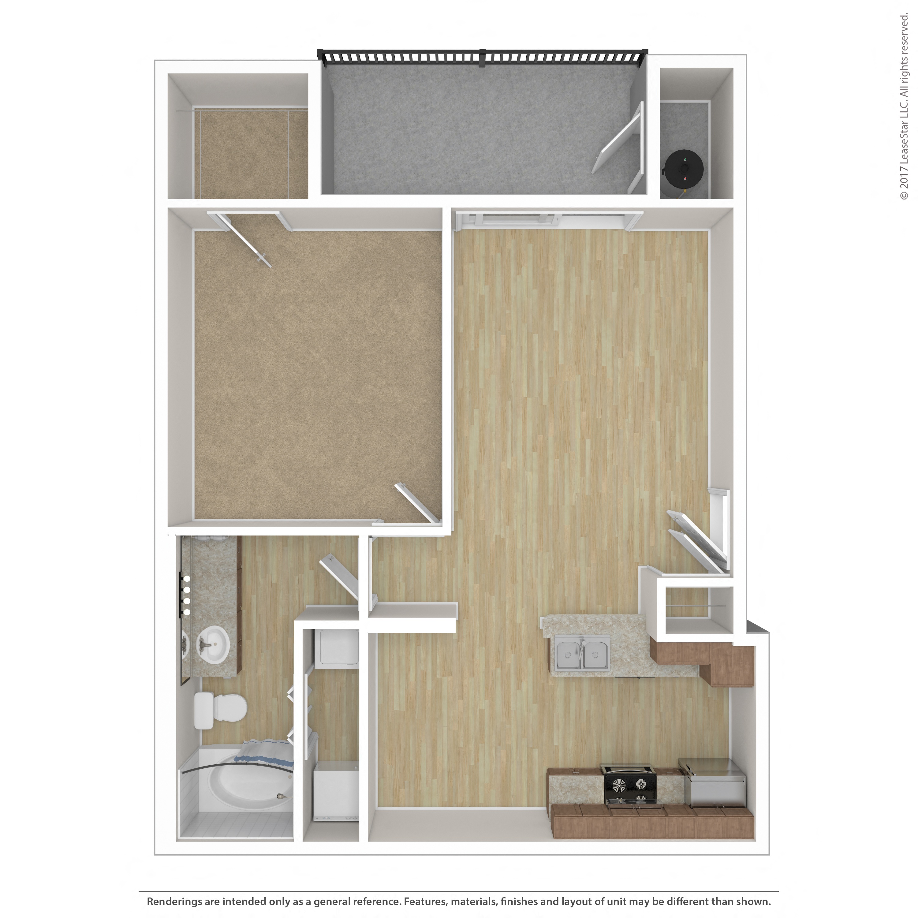 Floor plan for 1 bed, 1 bath, 738 sqft